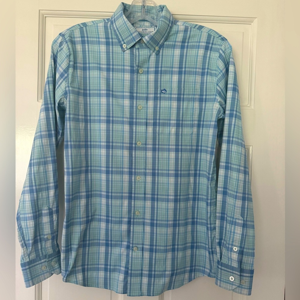 Southern Tide boys XL intracoastal primrose plaid performance button-down.